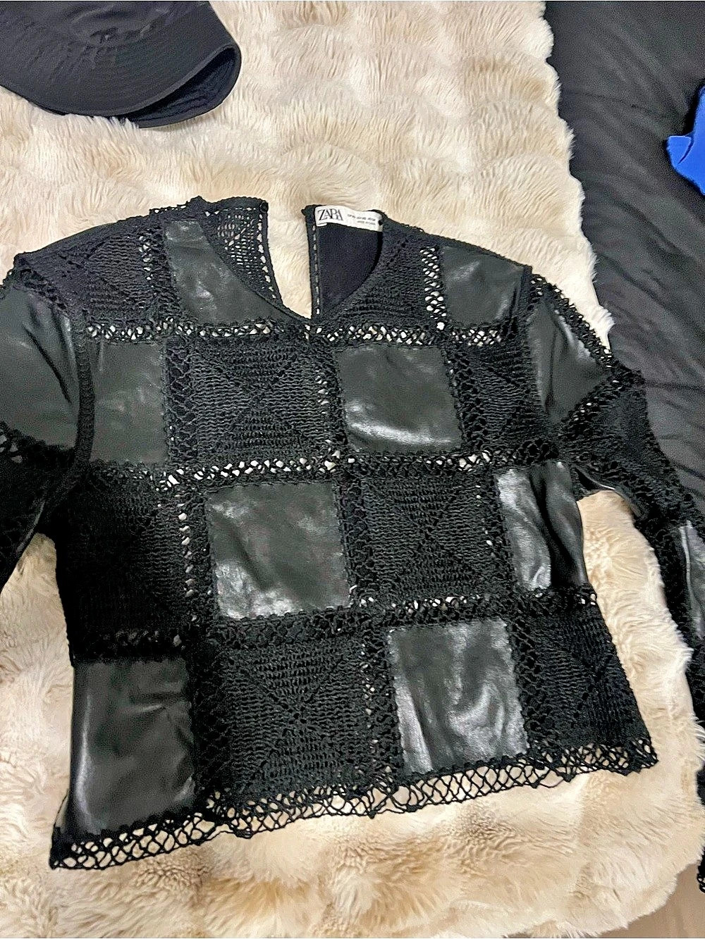 Zara Faux Leather Crocheted Top Black Geometric Short Sleeve